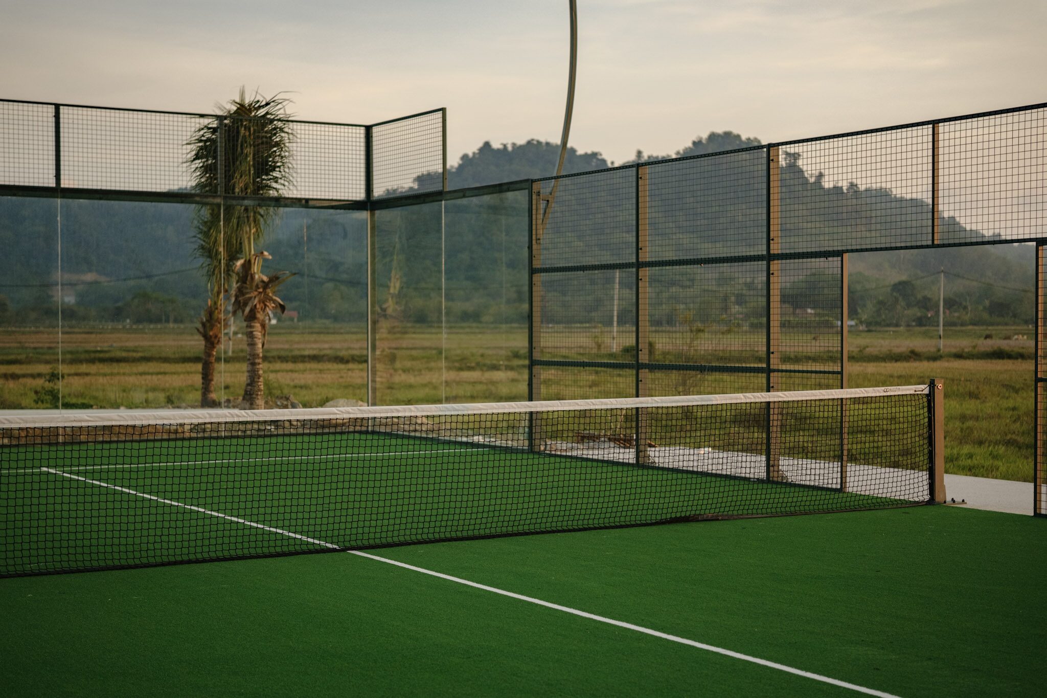 An outdoor padel court among rice fields at dusk